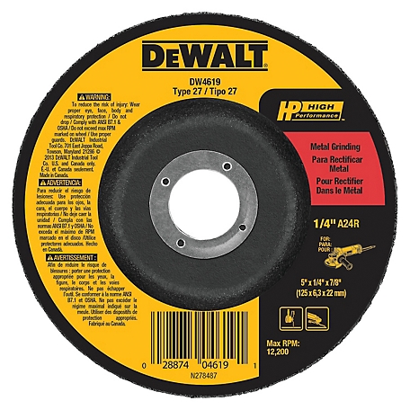 DeWALT 5 in. x 1/4 in. x 7/8 in. High Performance Metal Grinding Wheel, Type 27