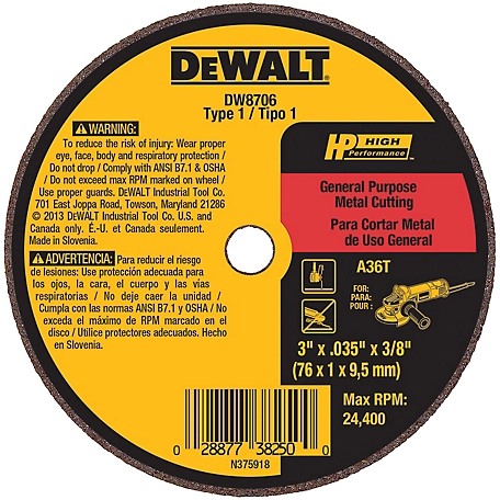 DeWALT 3 in. x 0.035 in. x 3/8 in. High Performance Metal/Stainless Cutting Wheel, Type 1