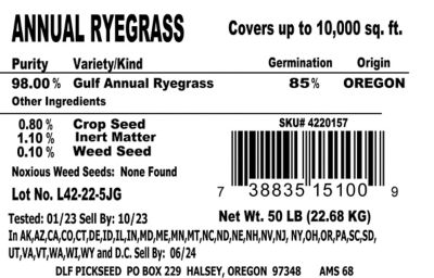 Image showing  50 lb. 1,750 sq. ft. Gulf Annual Ryegrass Grass Seed