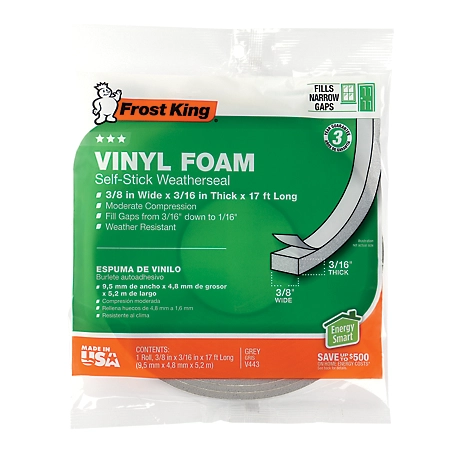 Frost King Vinyl Foam Weather-Strip Tape, Grey, 3/16 in. x 3/8 in. x 17 ft., Fits Gaps 1/4-1/8 in.