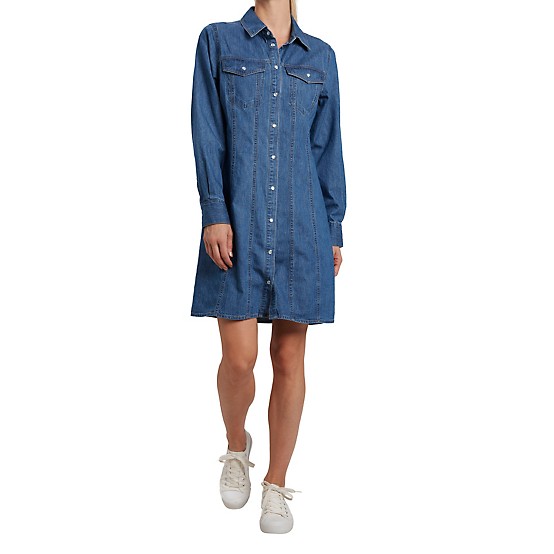 long sleeve denim dresses Modest Dark Blue Dress 19136KM 95% rayon Women's Denim Dress Button Up