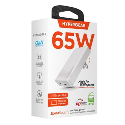 Image showing  SpeedBoost 65-Watt Dual-USB-C Slim GaN Laptop Charger, White