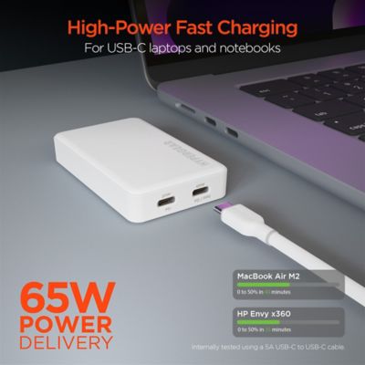 Image showing  SpeedBoost 65-Watt Dual-USB-C Slim GaN Laptop Charger, White