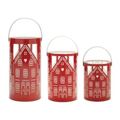 Melrose International Red Punched Metal House Lantern (Set of 3)