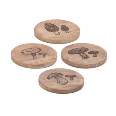 Melrose International Mushroom Etched Mango Wood Coaster (Set of 4)