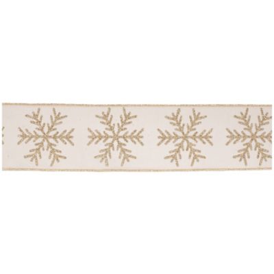 Melrose International Beige Glittered Snowflake Wired Ribbon 4 in. x 5 Yards