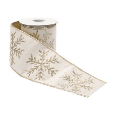 Image showing  Beige Glittered Snowflake Wired Ribbon 4 in. x 5 Yards