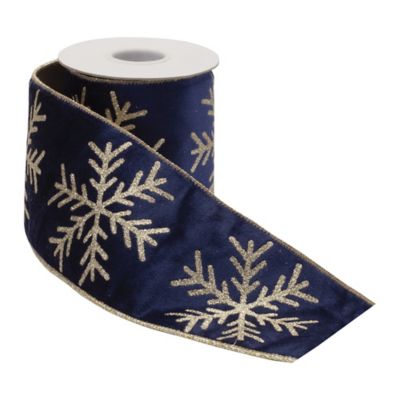 Image showing  Blue Glittered Snowflake Wired Ribbon 4 in. x 5 Yards