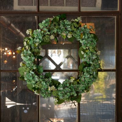Image showing  Hydrangea and Seedum Floral Wreath 32 in.