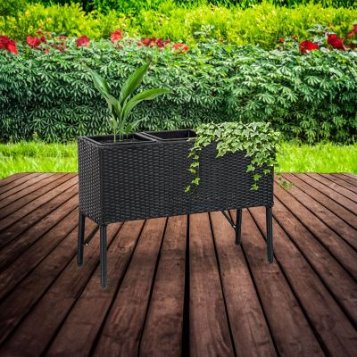 Image showing  3-Section Wicker Raised Planter - Black