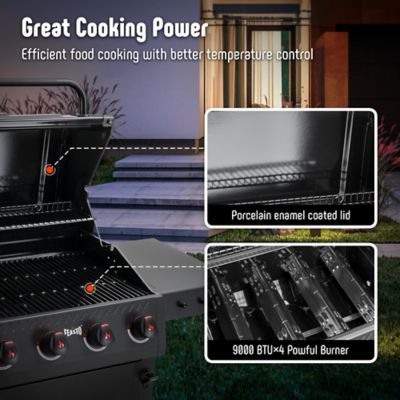 Image showing  4-Burner Propane 36000 BTU Gas Grill with 2 Side Tables & Porcelain-Enameled Grates for Patio Garden Barbecue, Black