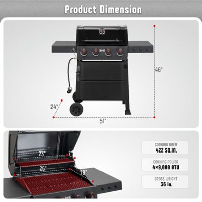 Image showing  4-Burner Propane 36000 BTU Gas Grill with 2 Side Tables & Porcelain-Enameled Grates for Patio Garden Barbecue, Black