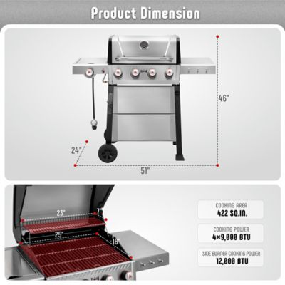 Image showing 5 th Feasto 4-Burner Propane 48000 BTU Gas Grill with 2 Side Tables & Porcelain-Enameled Grates for Patio Garden Barbecue, Silver