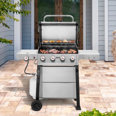 Image showing 8 th Feasto 4-Burner Propane 48000 BTU Gas Grill with 2 Side Tables & Porcelain-Enameled Grates for Patio Garden Barbecue, Silver