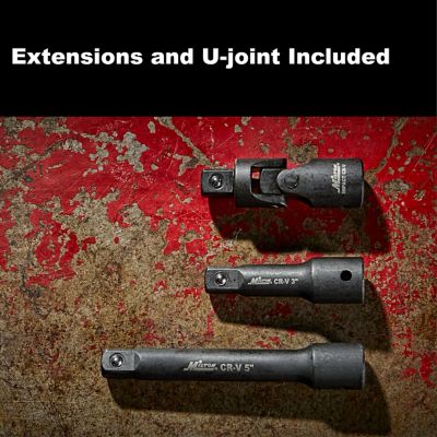 Image showing 6 th Milton 1/2 in. Drive Shallow 3/8 in.-1-1/8 in. SAE Impact Socket Set with Universal Joint and Extension Bars, 17 pc.