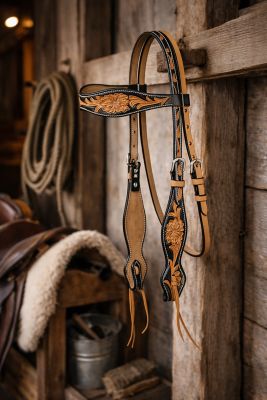 Image showing  Flared Two Tone Floral Cowhide Headstall