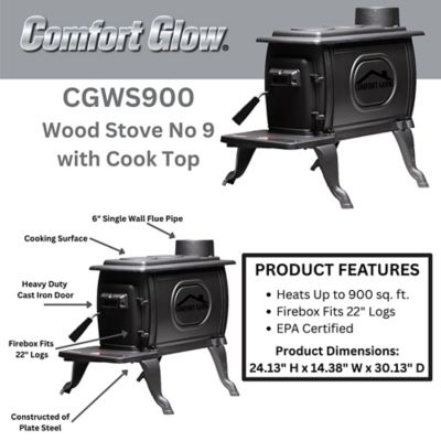 Image showing  900 sq. ft. Old No. 9 Cast-Iron Log Wood Stove, CGWS900