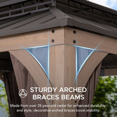 Image showing 6 th Sunjoy Hardtop Wood Gazebo with Netting and Curtain