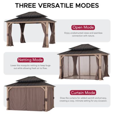 Image showing 8 th Sunjoy Hardtop Wood Gazebo with Netting and Curtain