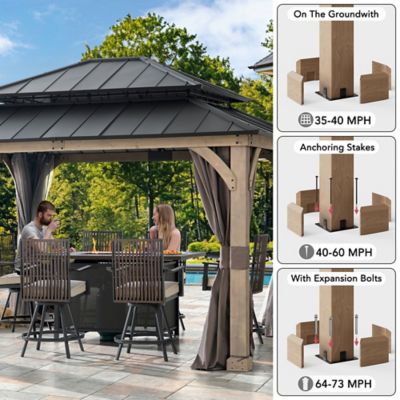 Image showing 9 th Sunjoy Hardtop Wood Gazebo with Netting and Curtain