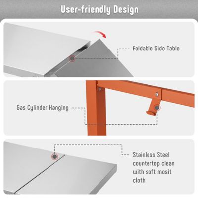 Image showing  Outdoor Movable Stainless Steel Tabletop Grill Cart with Storage Shelf & Foldable Side Table, 6 Extra Hooks,orange