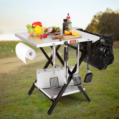 Image showing 5 th Feasto Outdoor Indoor Foldable Outdoor Grill Stand Table with Extra Storage Bottom Shelf & Tissue Holder, Easy Set-up, Silver