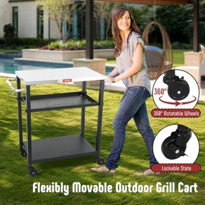 Image showing  3-Shelf Grill Table, Pizza Oven Stand & Adjustable Shelf, Movable Pizza Oven Table Grill Cart, Stainless Steel Tabletop