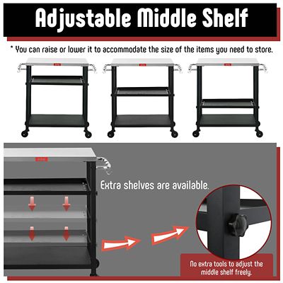 Image showing  3-Shelf Grill Table, Pizza Oven Stand & Adjustable Shelf, Movable Pizza Oven Table Grill Cart, Stainless Steel Tabletop