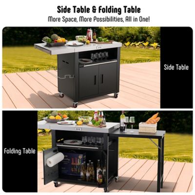 Image showing  Outdoor Grill Table with 2 Foldable Side Tables and Pull-Out Plate, Stainless Steel Top for Outdoor Kitchen Cabinets