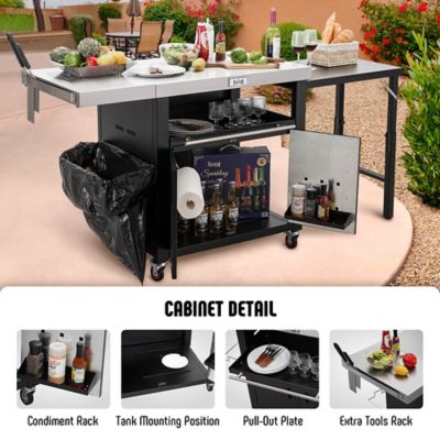 Image showing  Outdoor Grill Table with 2 Foldable Side Tables and Pull-Out Plate, Stainless Steel Top for Outdoor Kitchen Cabinets