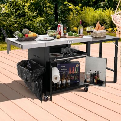 Image showing 6 th Feasto Outdoor Grill Table with 2 Foldable Side Tables and Pull-Out Plate, Stainless Steel Top for Outdoor Kitchen Cabinets