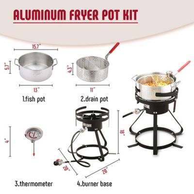 Image showing 6 th Feasto 10 qt Aluminum Outdoor Propane Gas Fish Fryer Kit with Strainer Basket, 50,000 BTU Burner, Adjustable 0-5 PSI Regulator