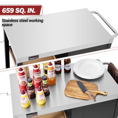 Image showing  Movable Dining Cart With Storage Cabinet, Side Shelf Tool Hooks & Inner Shelves