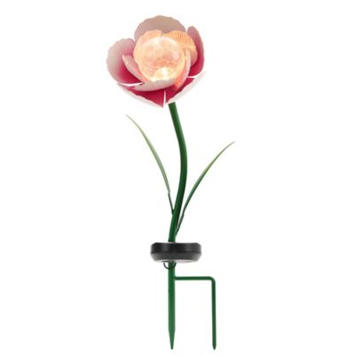 Red Shed 18 in. Solar Cracked Glass Flower Garden Stake, Pink