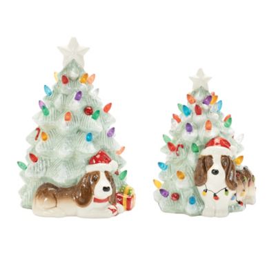 Melrose International Ceramic Christmas Tree with Dog (Set of 2)