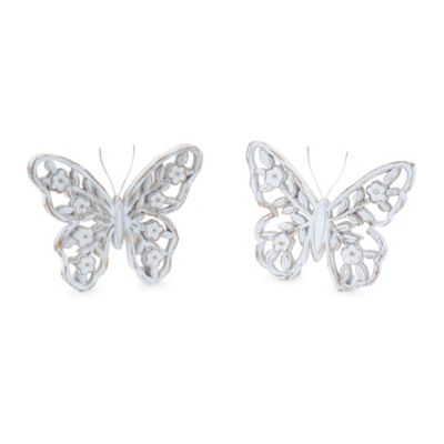 Melrose International White Washed Floral Butterfly Decor (Set of 2)