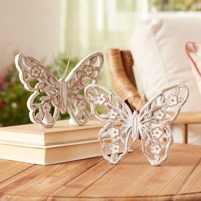 Image showing  White Washed Floral Butterfly Decor (Set of 2)