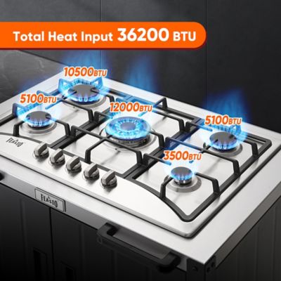 Image showing 5 th Feasto Gas Grill, Movable Outdoor Gas Stove Stainless Steel Top with Cabinet, 5 Burners with 36,200 BTUs