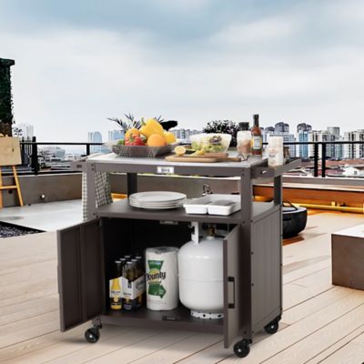 Image showing  Outdoor Grill Cart with Stainless Steel Tabletop and Storage Cabinet, Movable Kitchen Island for BBQ Food Prep, Brown