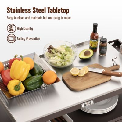 Image showing  Outdoor Grill Cart with Stainless Steel Tabletop and Storage Cabinet, Movable Kitchen Island for BBQ Food Prep, Brown