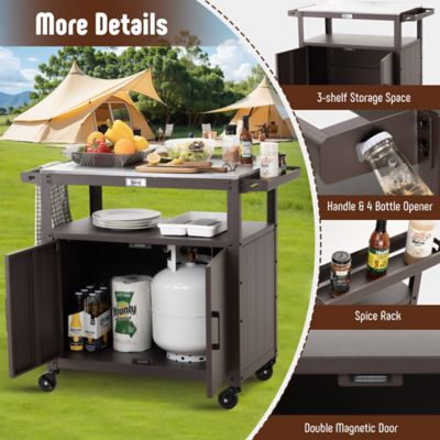 Image showing  Outdoor Grill Cart with Stainless Steel Tabletop and Storage Cabinet, Movable Kitchen Island for BBQ Food Prep, Brown