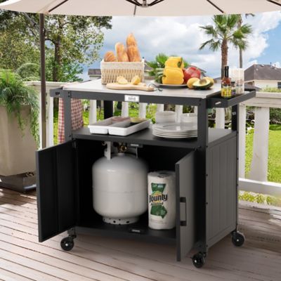 Image showing  Outdoor Grill Cart with Stainless Steel Tabletop and Storage Cabinet, Movable Kitchen Island for BBQ Food Prep, Black