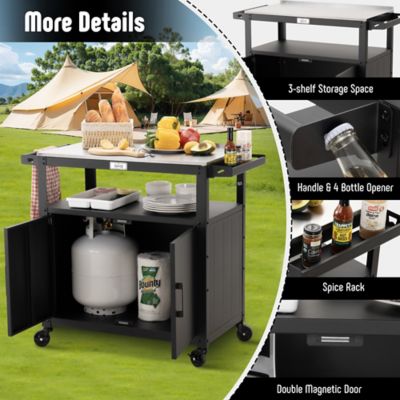 Image showing  Outdoor Grill Cart with Stainless Steel Tabletop and Storage Cabinet, Movable Kitchen Island for BBQ Food Prep, Black
