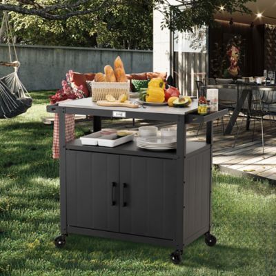 Image showing 6 th Feasto Outdoor Grill Cart with Stainless Steel Tabletop and Storage Cabinet, Movable Kitchen Island for BBQ Food Prep, Black