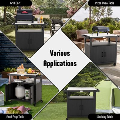 Image showing 7 th Feasto Outdoor Grill Cart with Stainless Steel Tabletop and Storage Cabinet, Movable Kitchen Island for BBQ Food Prep, Black