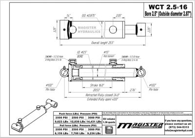 Image showing  2.5 in. Bore x 16 in. Stroke Cross Tube Hydraulic Cylinder