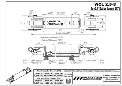 Image showing  2.5 in. Bore x 8 in. Stroke Clevis Hydraulic Cylinder