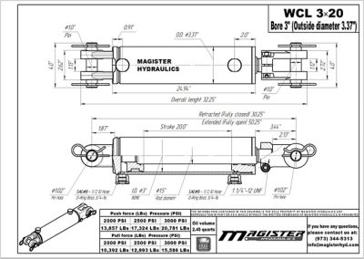 Image showing  3 in. Bore x 20 in. Stroke Clevis Hydraulic Cylinder