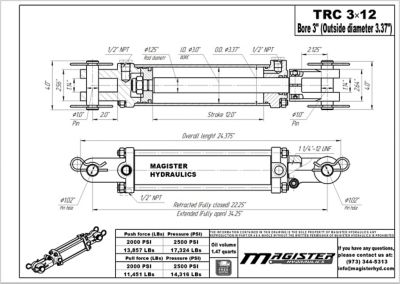 Image showing  3 in. Bore x 12 in. Stroke Tie Rod Hydraulic Cylinder