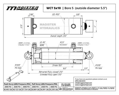 Image showing  5 in. Bore x 10 in. Stroke Cross Tube Hydraulic Cylinder